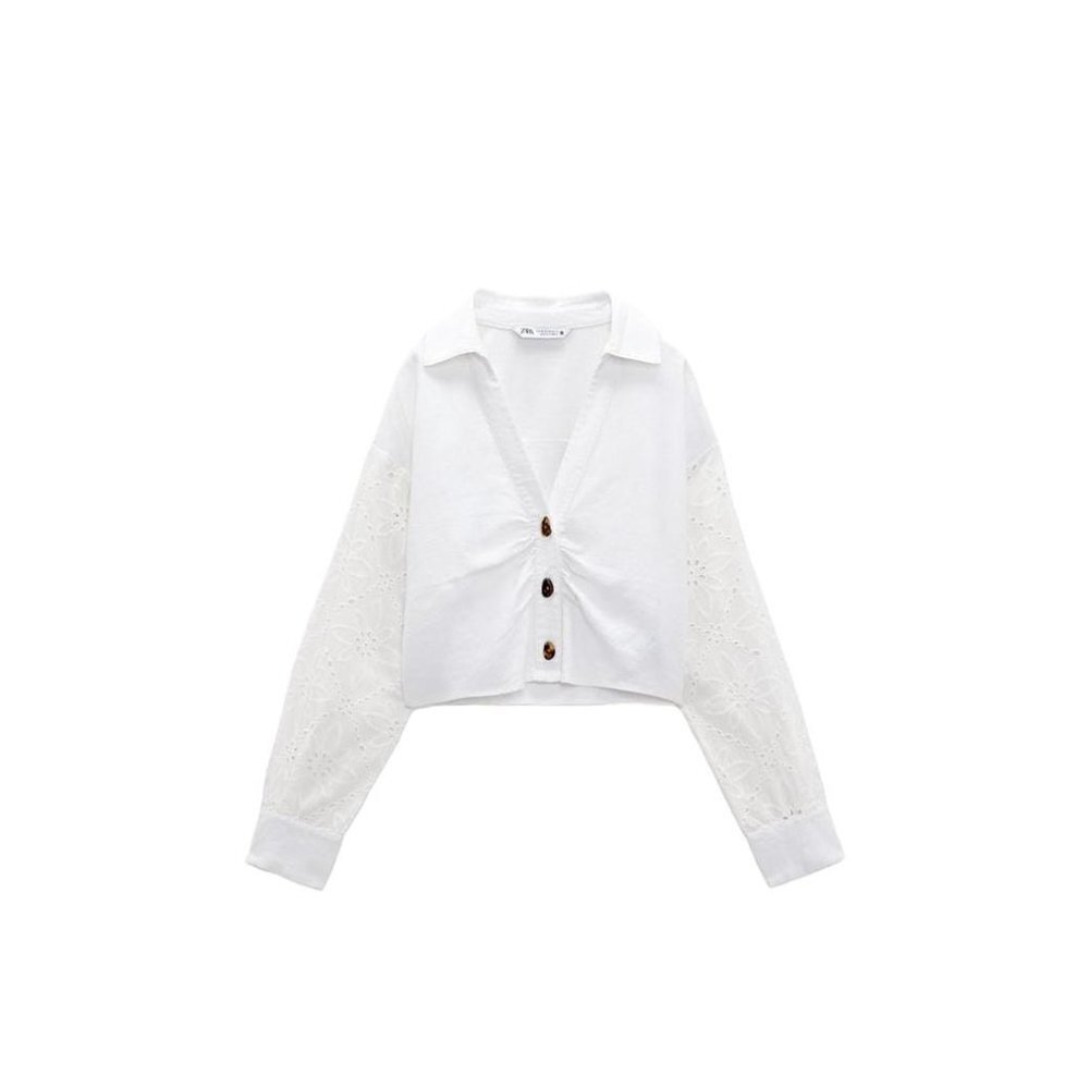 ZARA LINEN BLEND SHIRT WITH LACE EMBROIDERY WHITE SIZE XS | 4387/066